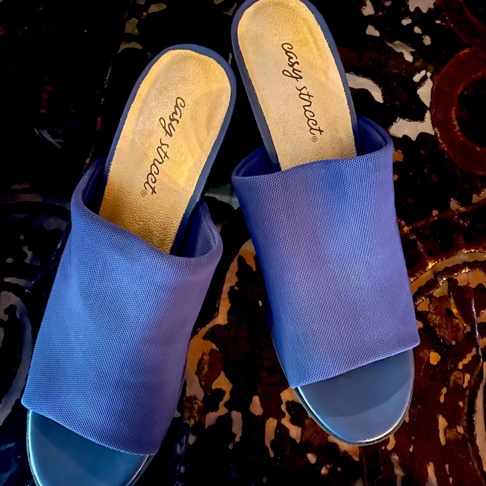 Royal/Navy blue fabric slide with 2.5 inch heels. Has nicely padded insole.